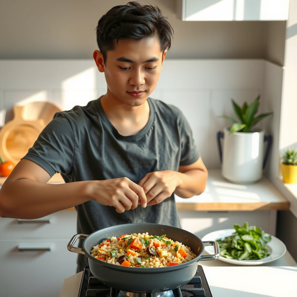 Student cooking one-pot meal in small kitchen