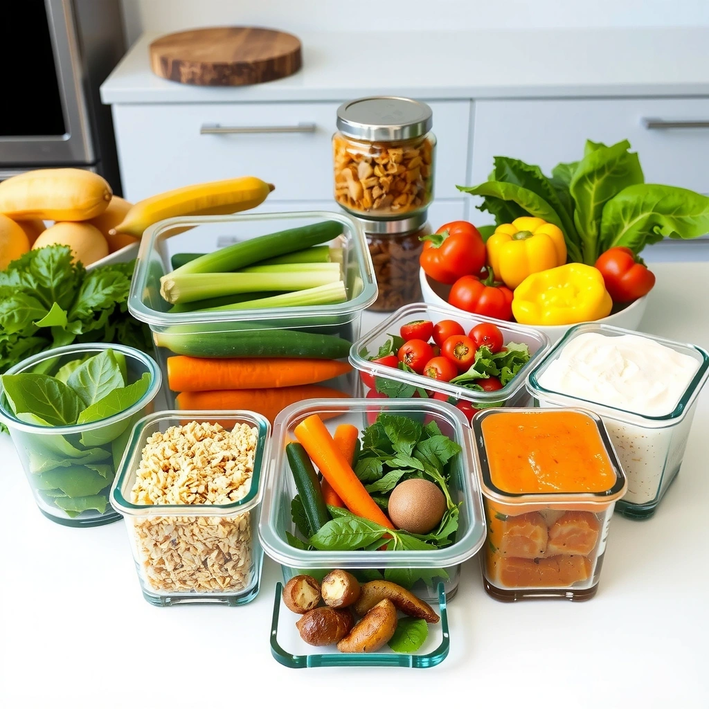 Weekly meal planning with organized containers and ingredients